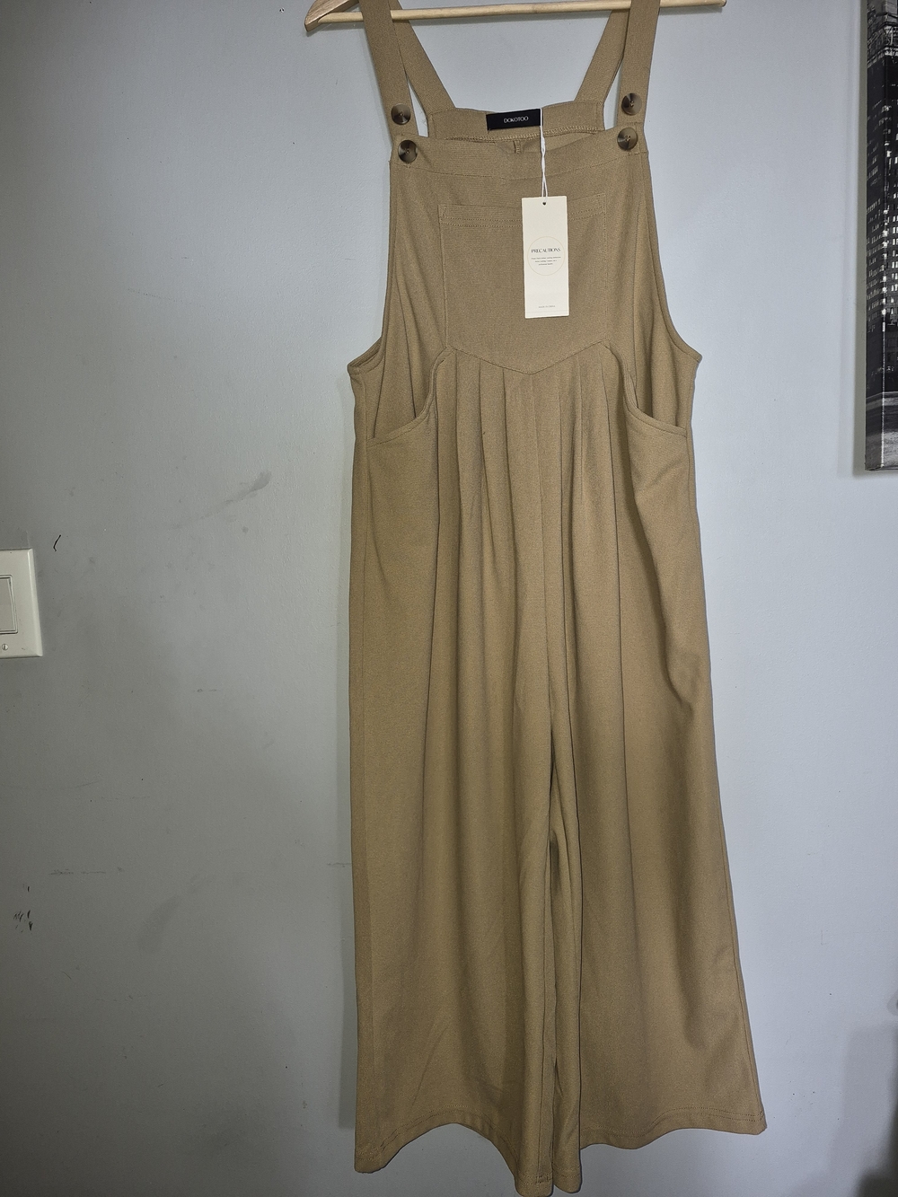 Neutral Tan Wide-Leg Overall Jumpsuit with Adjustable Straps - Picture 1 of 2